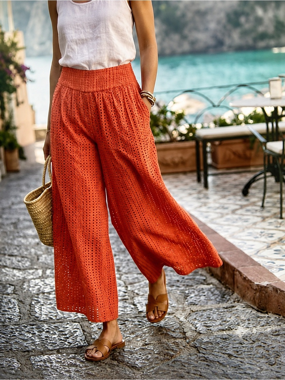 Anthropologie Coral Eyelet Wide Leg Cropped Pants Size 12